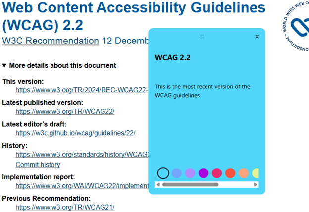 Screenshot of the W3C site with a sticky note.