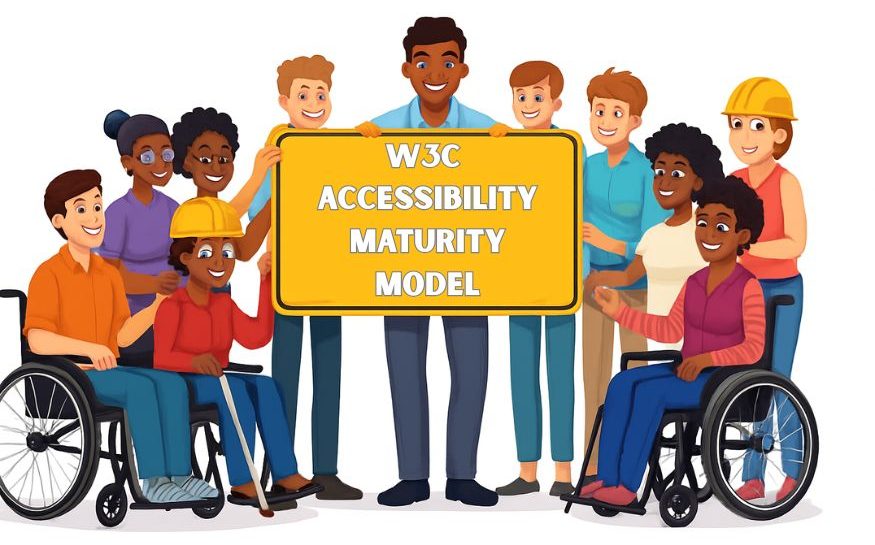 Cartoon People with Disabilities holding a sign that says W3C Accessibility Maturity Model.