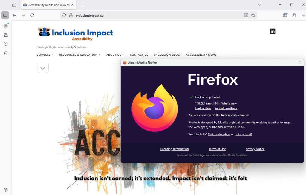The Firefox browser on the Inclusion Impact Accessibility webpage with the Firefox 148 Information modal open. 
