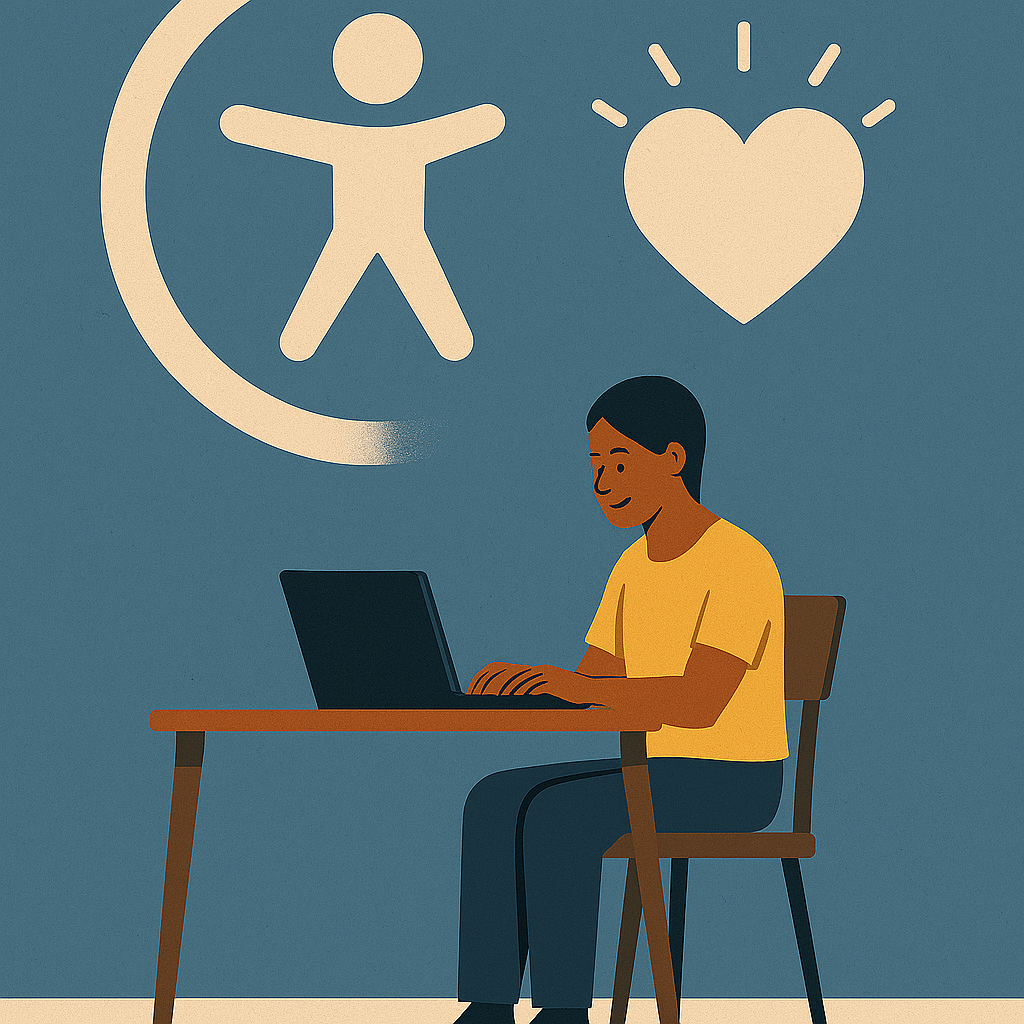 A person working in front of an altruistic symbol of accessibility.