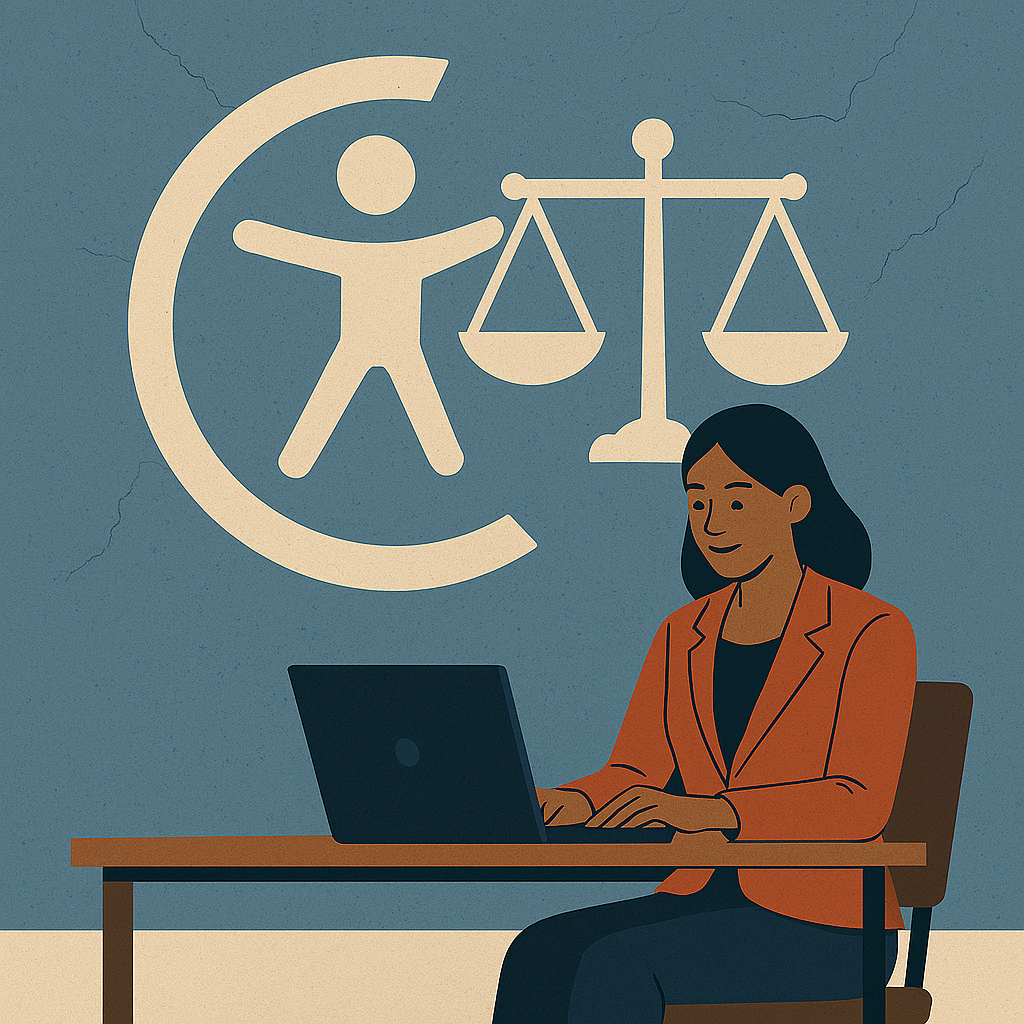 A woman working in front of a legal symbol of accessibility