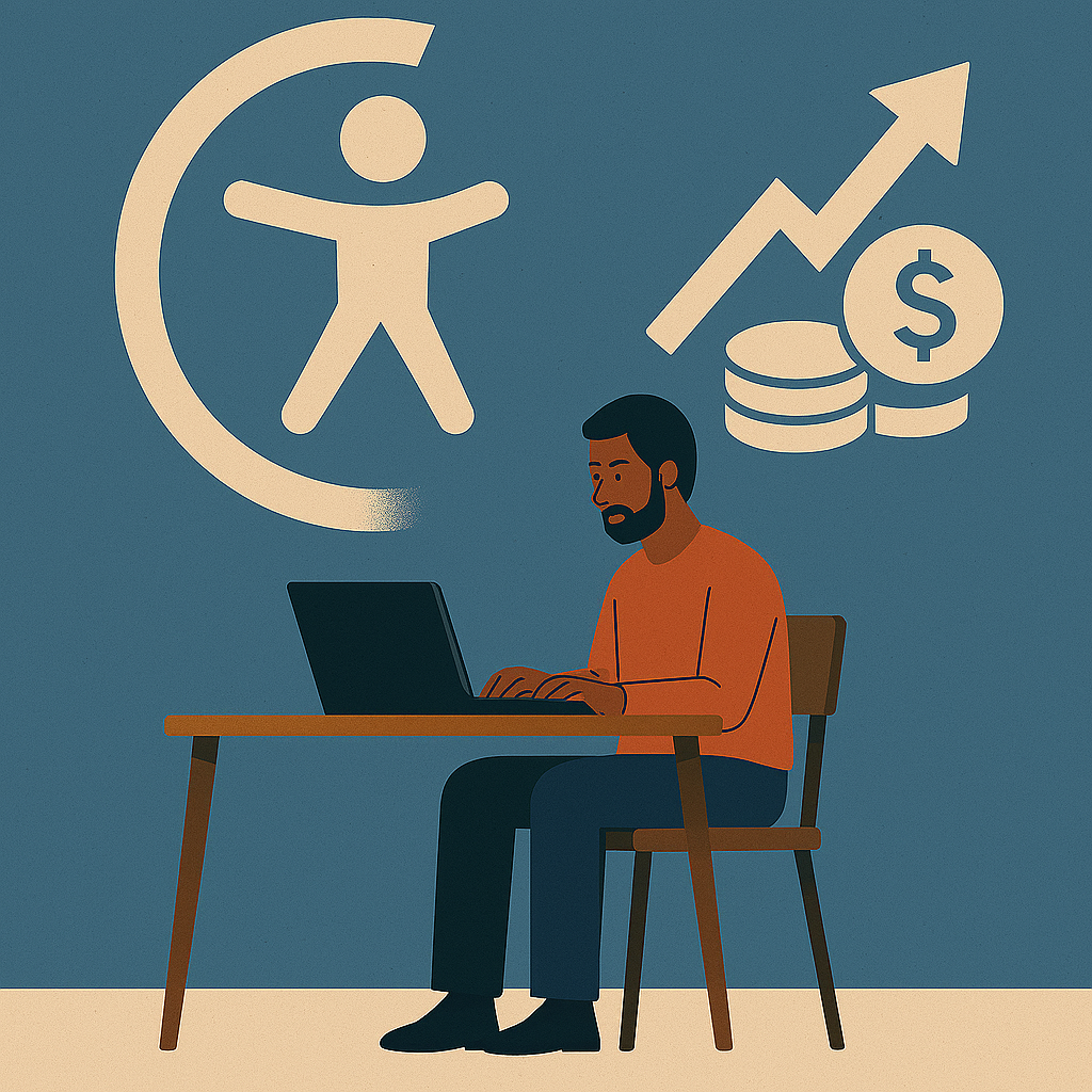 A man working in front of an ROI symbol of accessibility.