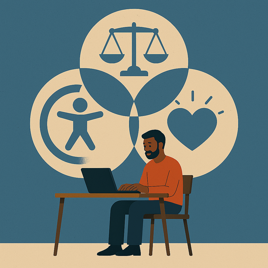 A man working in front of the legal, Altruistic, and ROI models of accessibility coming together.