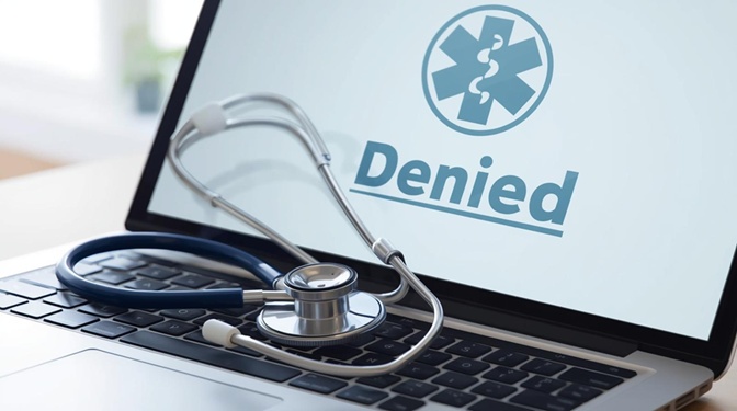 A laptop with a stethoscope on the keyboard and the medical symbol on the screen with "Denied" below it.
