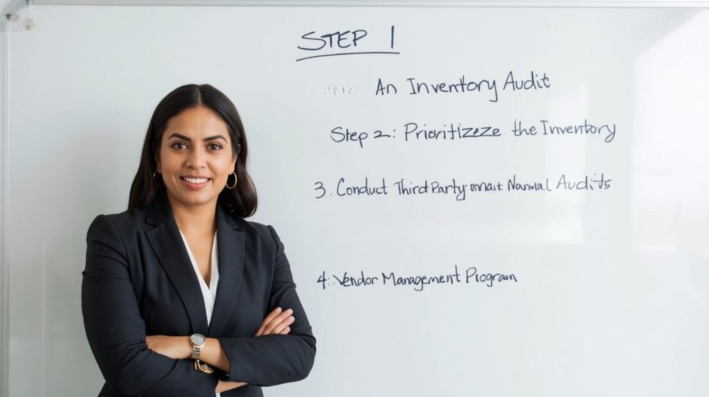 A woman in front of a whiteboard with 4 action steps.