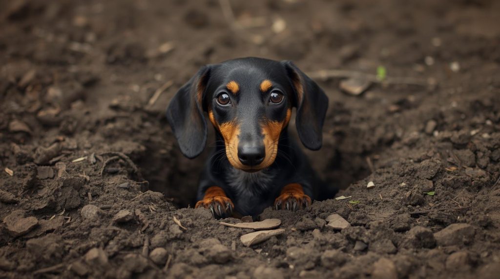 A Dachshund that fell into a hole with just his head and a paw poking out. 