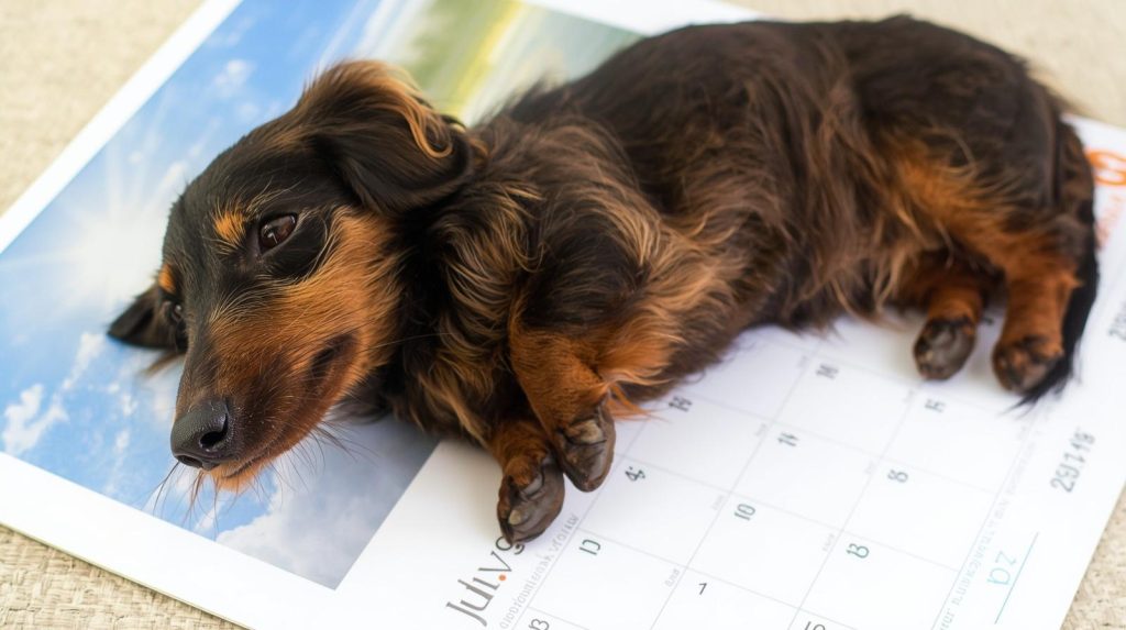 A Dachshund puppy laying on a calendar. 