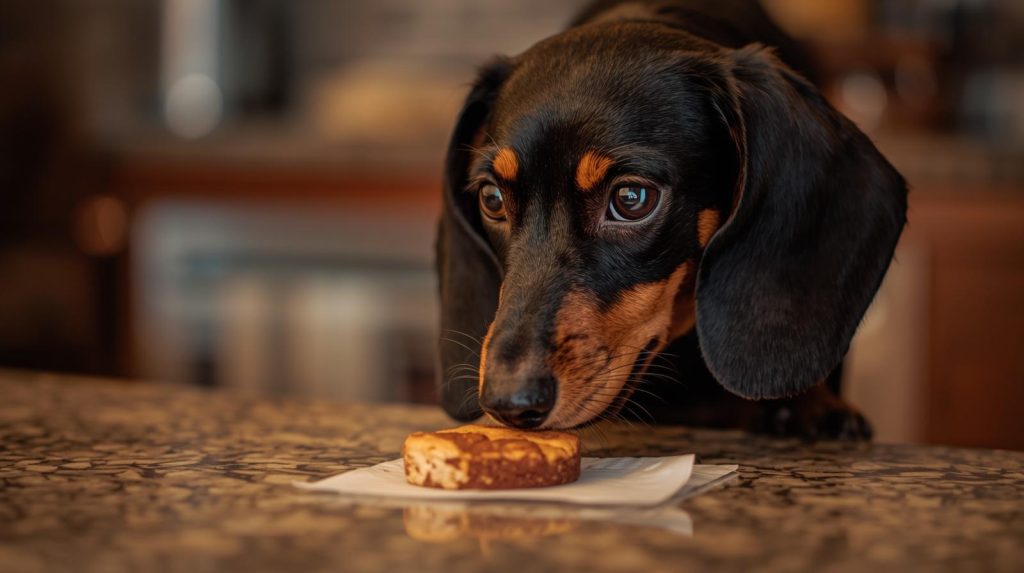A Dachshund is taking advantage of food left on a counter. 