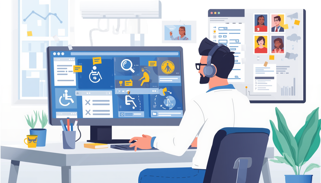 An illustration of man working at a computer on digital accessibility
