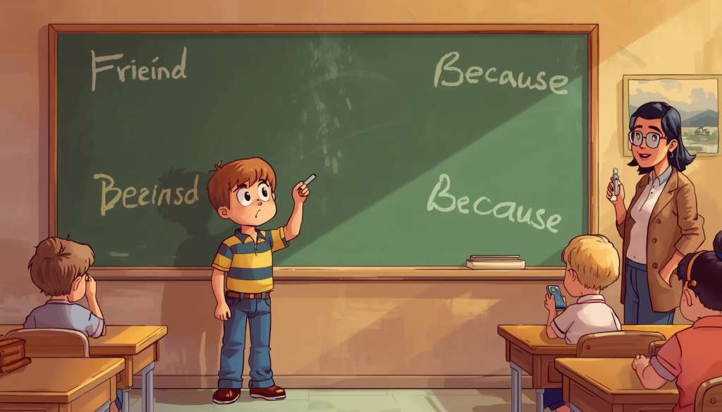 A cartoon of a boy misspelling words on a classroom chalkboard.