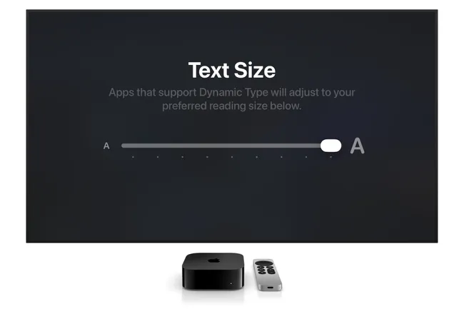 Accessibility features in tvOS 27 for Apple TV 4K Text Size control.