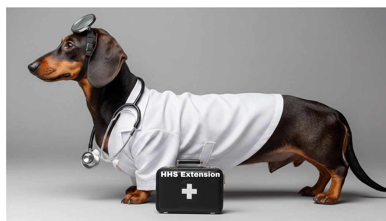 A dauchound dressed like a doctor with HHS Extension written on its doctor bag.