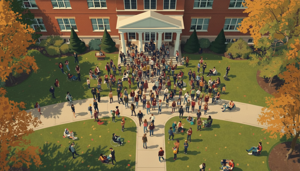 A crowd of students on a university lawn
