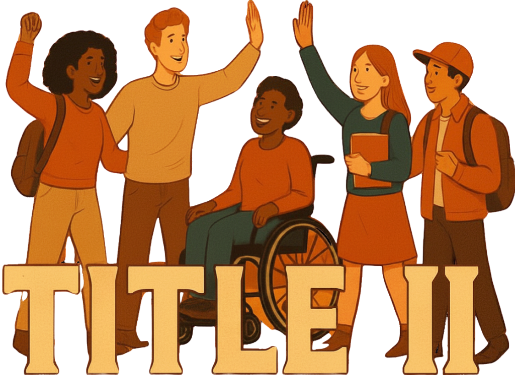Students celebrating in front of the words, "Title II"