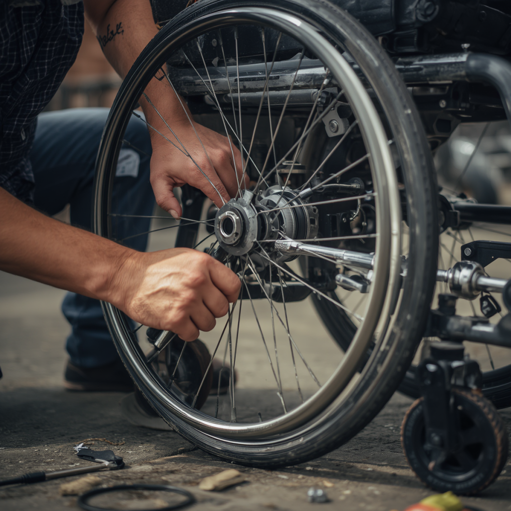 Photo of a person repairing a wheelchair 