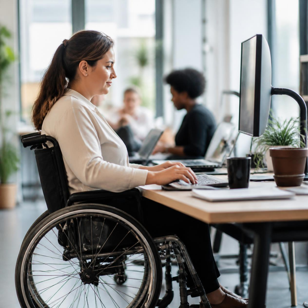 A wheelchair user working at a desk