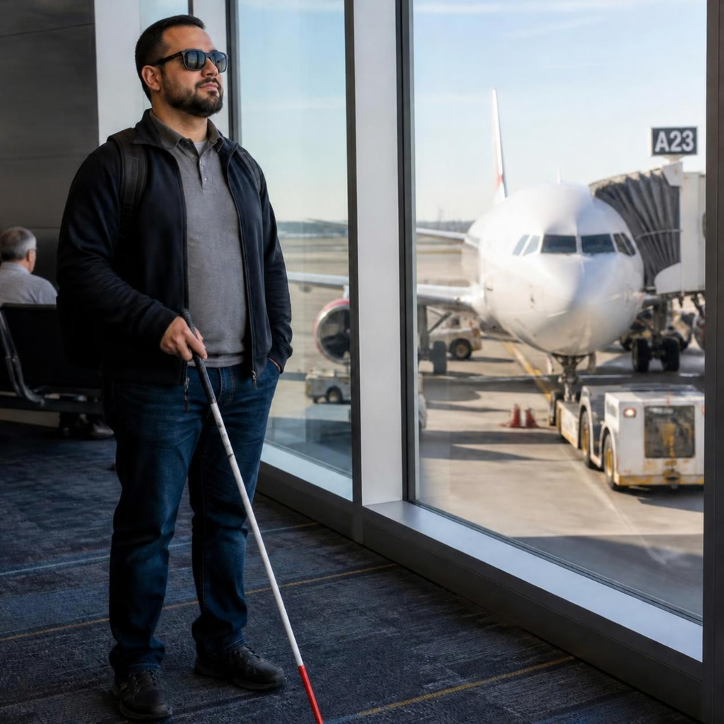 A blind man in an airport with a plane visable through the window. 
